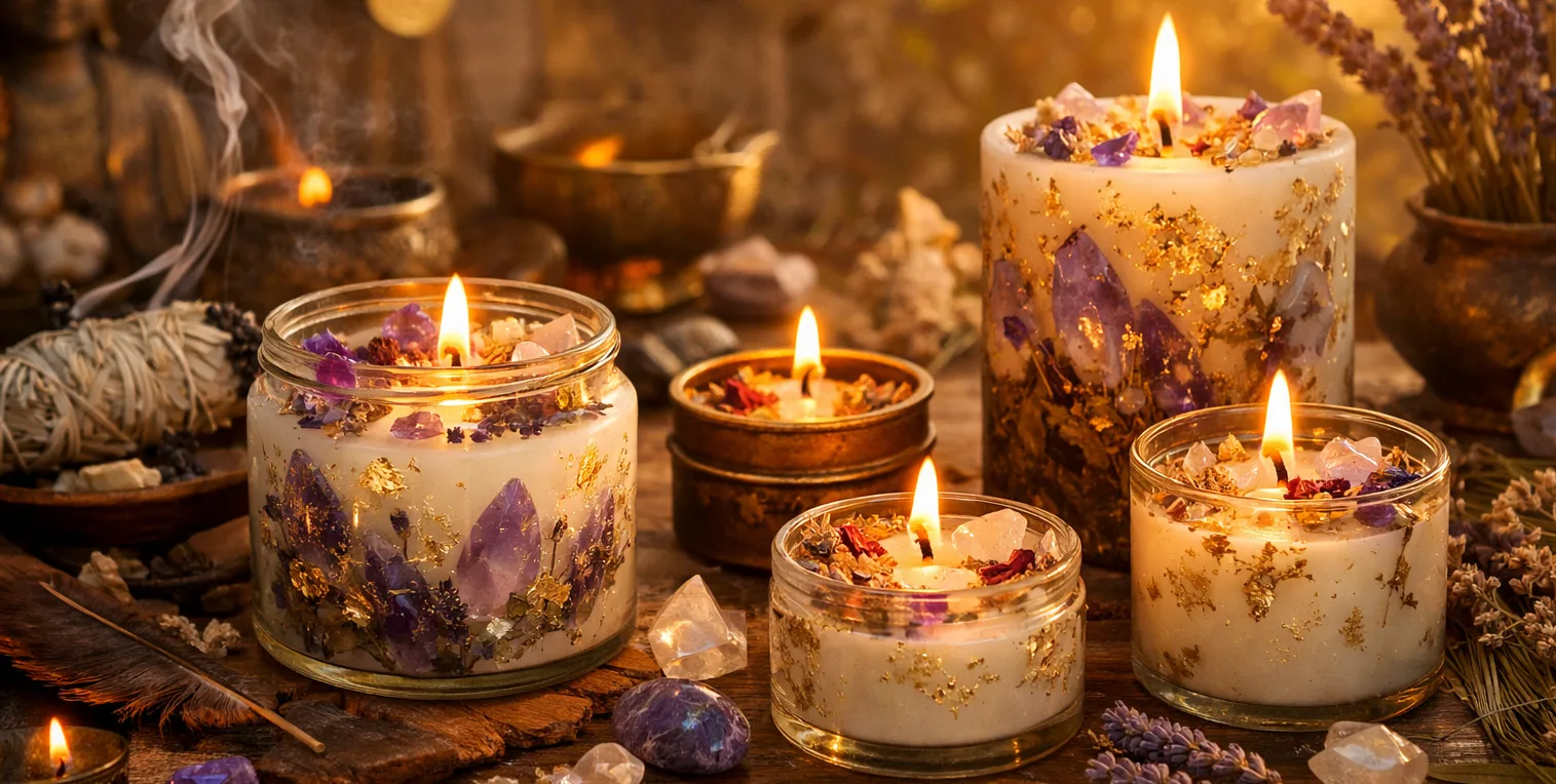 Bougies rituelles artisanales Luminous Witch : cire naturelle, cristaux et herbes rituelles pour la protection et la purification.